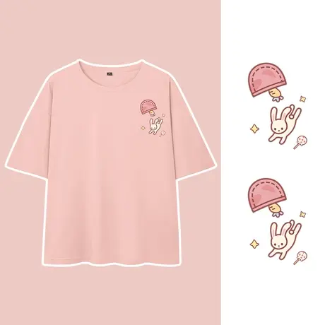 ZR真维斯粉色半袖t恤女士2023夏季新款别致个性高级纯棉短袖体恤商品大图