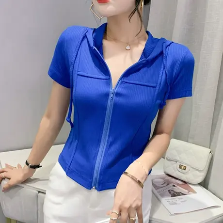 短款连帽短袖T恤女2023年新款欧货洋气拉链开衫上衣紧身高腰小衫商品大图