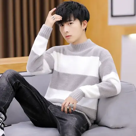 半高领毛衣男2023秋冬男士针织新款毛衫青少年潮流仿水貂绒打底衫商品大图