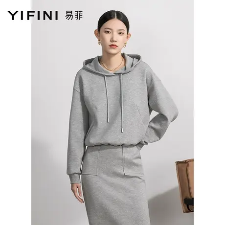 Yifini/易菲短款连帽宽松卫衣女春秋新款灰色休闲落肩上衣商品大图