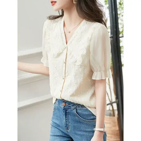 时尚气质短袖衬衫2023年夏季新款淑女温柔减龄显瘦V领通勤上衣商品大图