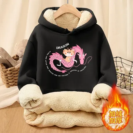 女士卫衣女款加绒加厚冬装2023年秋冬黑色外套羊羔绒连帽上衣女冬商品大图