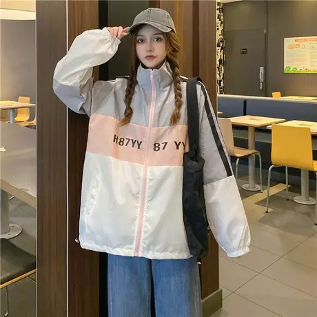 夏季新款韩版学生拼色防晒衣女百搭宽松长袖连帽初高中学生薄外套商品大图