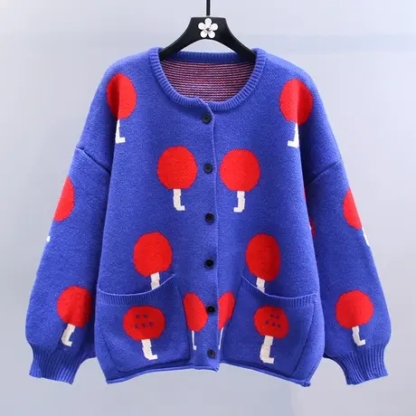 日系复古毛衣外套女秋冬2023新款宽松慵懒风时尚撞色蘑菇针织开衫商品大图