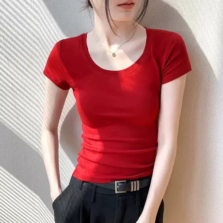 短袖打底衫女春夏紧身纯色圆领百搭上衣开衫内搭修身显瘦半袖T恤商品大图