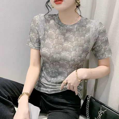 2024夏新款时尚印花T恤女短袖气质圆领烫钻小衫别致修身显瘦上衣商品大图