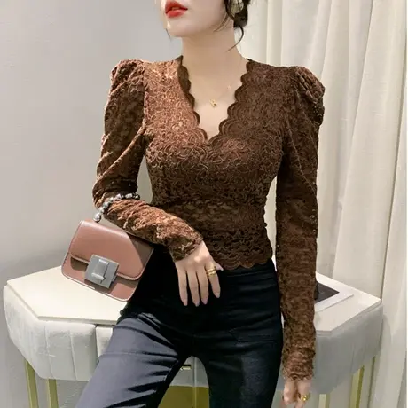 性感蕾丝泡泡袖T恤女长袖加绒加厚V领网纱拼接上衣洋气修身打底衫商品大图