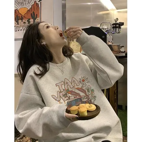 花灰色卫衣女2023新款爆款秋冬装宽松外套韩系慵懒风加绒长袖上衣商品大图