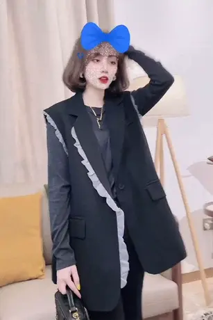 设计感黑色西装马甲女早秋英伦风拼接蕾丝木耳边显瘦背心薄款马夹商品大图