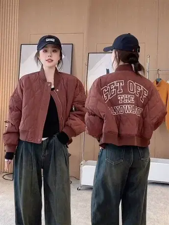 欧货菱格薄棉服外套女2023冬季新款小个子后字母刺绣棉衣时尚上衣商品大图