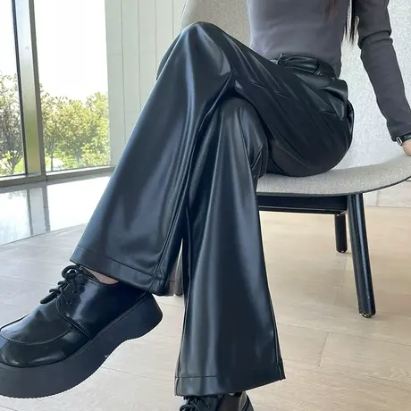 皮裤女秋冬2023新款高腰直筒宽松显瘦休闲裤PU皮哑光黑色阔腿裤商品大图