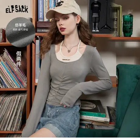 妖精的口袋长袖t恤女2023秋季新款显瘦假两件设计感短款辣妹上衣商品大图