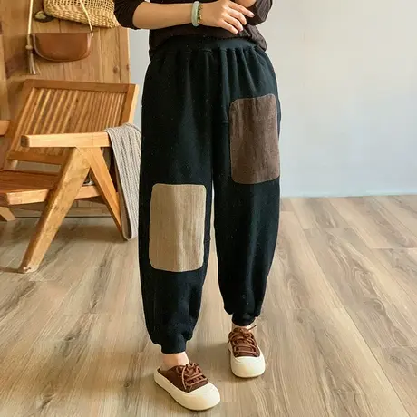 dza 高腰显瘦贴布加绒哈伦裤子女冬休闲长裤裤宽松束腿裤纯棉女裤图片