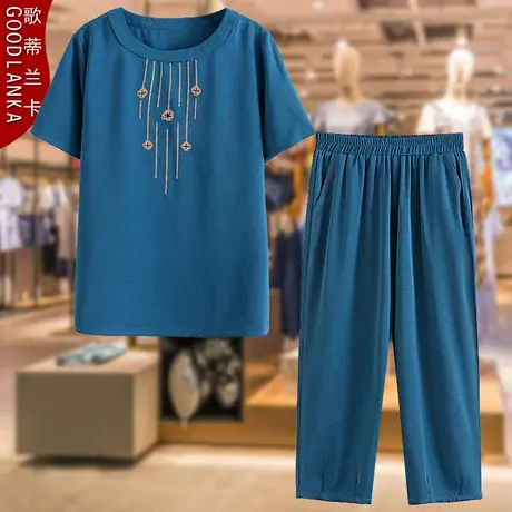 中老年妈妈夏装短袖t恤两件套大码宽松洋气刺绣七分裤休闲套装女图片