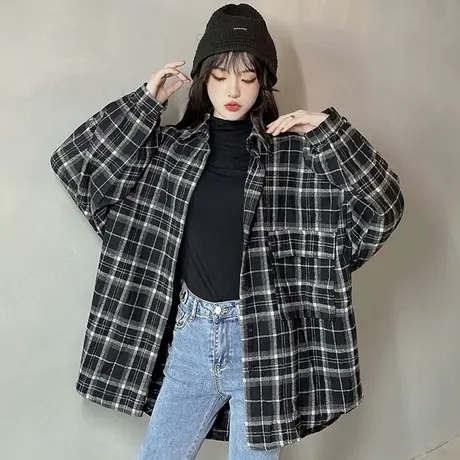 格子加厚磨毛衬衫女秋冬设计感小众法式复古港味长袖别致上衣外套图片