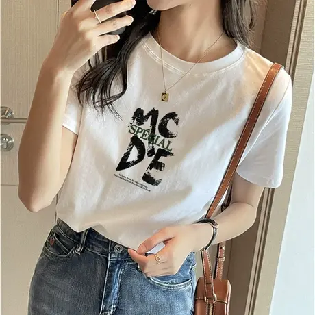 女士纯棉圆领短袖t恤2023新款夏季白色内搭外穿不撞款上衣体恤衫图片