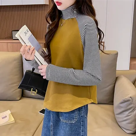 德绒高领长袖t恤女秋冬修身条纹内搭加绒设计感撞色打底衫上衣服图片