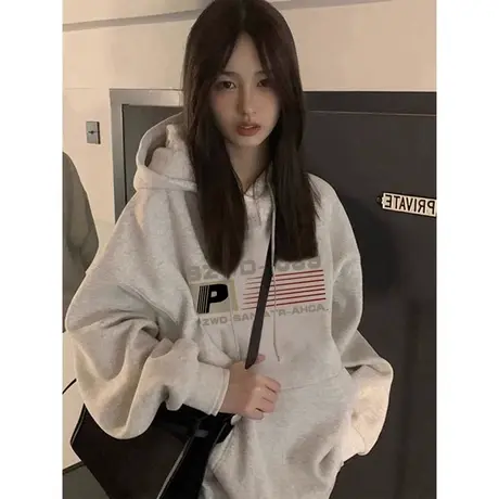 vintage卫衣女秋冬加绒大码oversize设计感小众连帽ins潮外套上衣商品大图