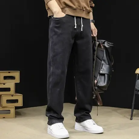 黑色牛仔裤男春季2024新款直筒松紧腰男士裤子宽松大码男裤春秋款商品大图