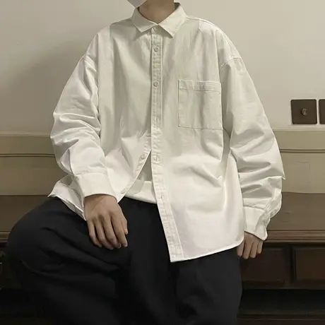 白色长袖衬衫男春秋日系潮外套设计感高级衬衣秋季港风痞帅男友风商品大图