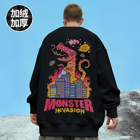 美式高街潮牌无帽卫衣男纯棉ins宽松圆领加肥加大码胖子加绒春秋图片