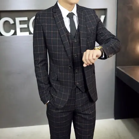 男士三件套西服青年格子小西装套装春秋帅气新郎结婚礼服商务正装商品大图
