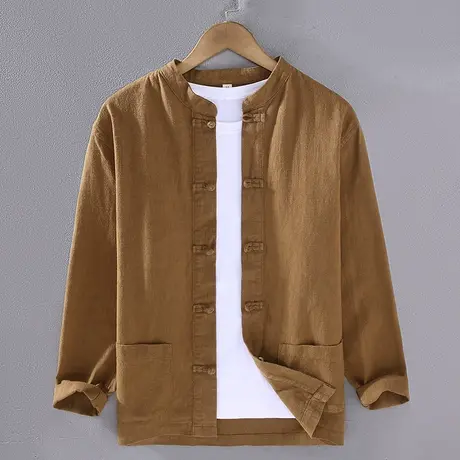 萨法瑞苎麻衬衫男长袖外套中国风春秋男士棉麻衬衣立领男装上衣潮图片