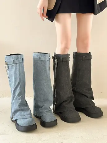 ins超火牛仔布堆堆靴辣妹西部牛仔长筒靴不过膝靴瘦瘦靴大头女鞋图片