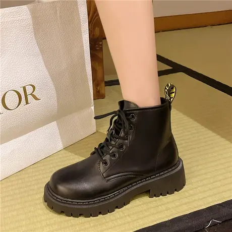 马丁靴女英伦风2024年新款春秋单靴圆头系带粗跟厚底百搭机车短靴商品大图