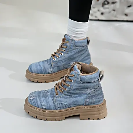 欧洲站2023年新款单靴女款网红厚底短筒马丁靴女复古牛仔系带短靴图片