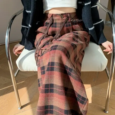 毛呢格子裤女秋冬2024新款高腰垂感梨形穿搭高级感休闲格纹阔腿裤图片