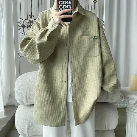 华夫格衬衫外套男春秋款男士衬衣长袖秋季新款潮牌大码休闲上衣秋商品大图