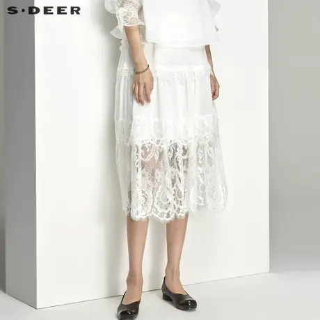 sdeer圣迪奥夏装优雅松紧蕾丝花边拼接白色长裙S21261126图片