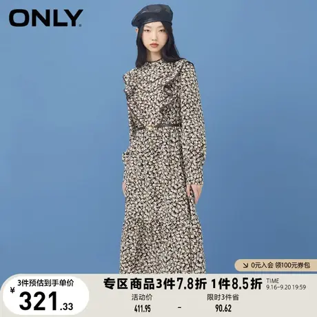 ONLY奥莱夏季荷叶边立领收腰中长款碎花连衣裙女图片