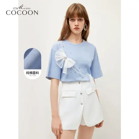 missCOCOON气质上衣女夏2023新款清新蓝水钻蝴蝶结通勤短袖T恤商品大图