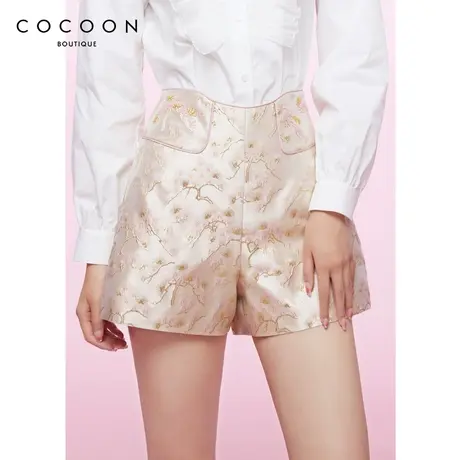 COCOON商场同款时尚裤装2023春季新款女雅致提花面料嵌边短休闲裤图片