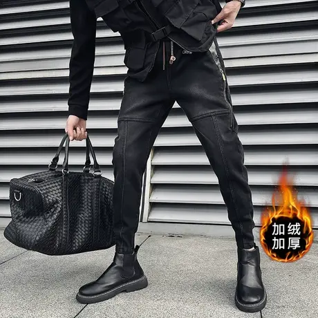 冬季牛仔裤男加绒加厚轻熟个性痞帅拼接拉链设计感修身小脚男裤图片