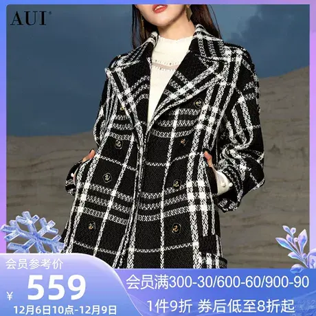 AUI黑色格子毛呢外套女2023秋冬新款欧洲站宽松休闲短款呢子大衣图片