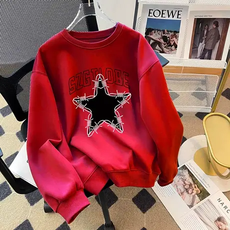 龙年过年女装上衣2023新款本命年红色加绒圆领卫衣ins潮复古外套商品大图