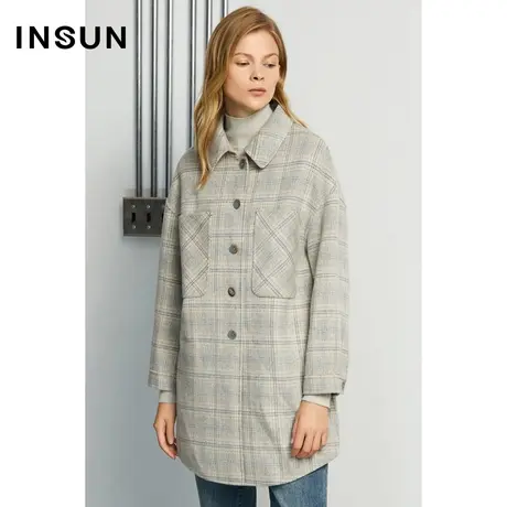 INSUN恩裳冬季工装风直筒格纹翻领毛呢外套商品大图