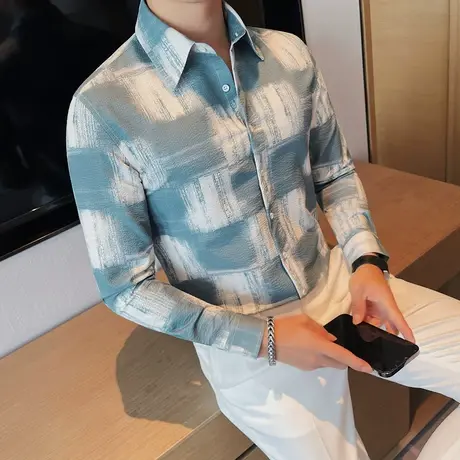 秋季2023新款长袖衬衫男格子拼接高级感商务休闲修身衬衣个性百搭商品大图