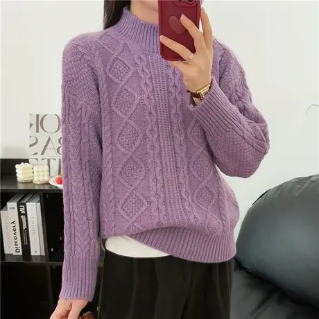 纯色麻花半高领女士毛衣2023冬季内搭新款针织打底衫洋气时髦爆款商品大图