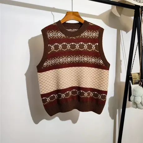 港风复古条纹毛衣马甲女秋冬新款圆领叠穿无袖针织衫坎肩背心外穿商品大图