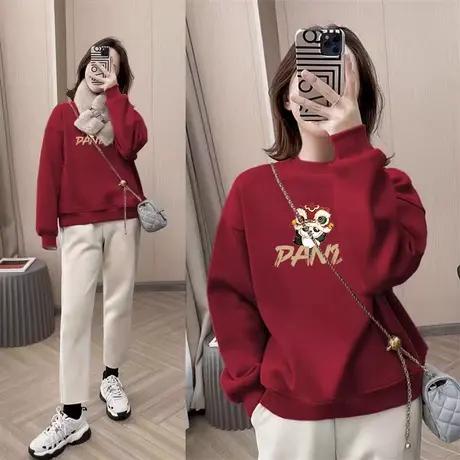 2023新款加绒过年上衣冬季保暖大码外套ins国潮酒红色亲子装卫衣商品大图