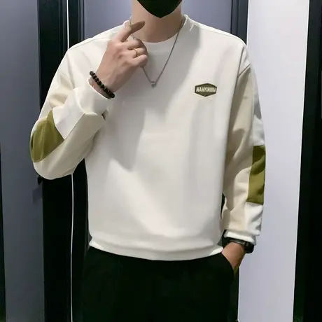 春秋季拼色袖设计感休闲卫衣男小众潮流学生长袖T恤宽松打底上衣商品大图