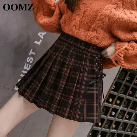 百褶裙女2023新款秋冬学院风毛呢格子排扣系带半身裙a字短裙伞裙图片
