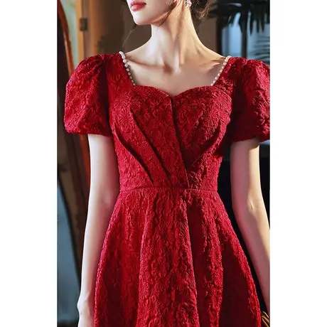 法式敬酒服新娘夏季酒红色小个子结婚订婚回门礼服连衣裙平时可穿图片