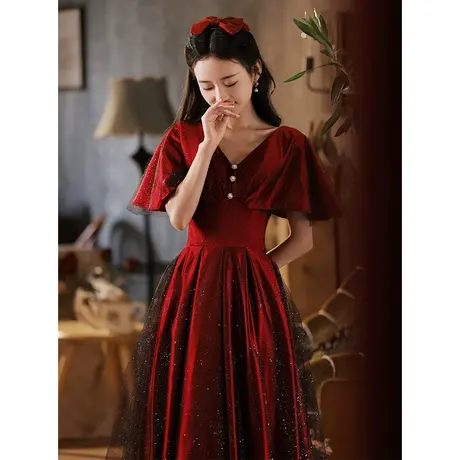 气质酒红色敬酒服新娘女夏季高级感遮手臂孕妇遮肚子显瘦缎面订婚商品大图