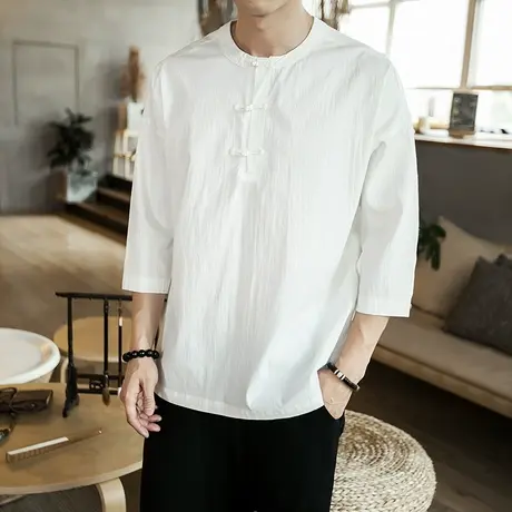 中国风盘扣短袖t恤男青年唐装纯色打底衫宽松休闲七分袖上衣图片