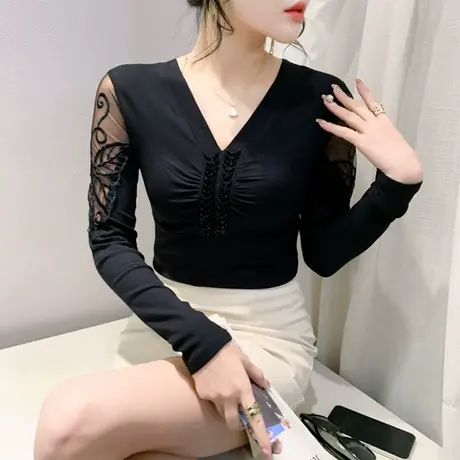 设计感镂空钉珠V领蝴蝶刺绣长袖打底衫气质内塔上衣女修身百塔T恤图片